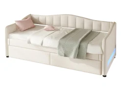 Espreguiçadeira 90x200cm com LED + cama de gavetão 90x190cm - estofada em tecido de linho - Bege (colchão não incluído)