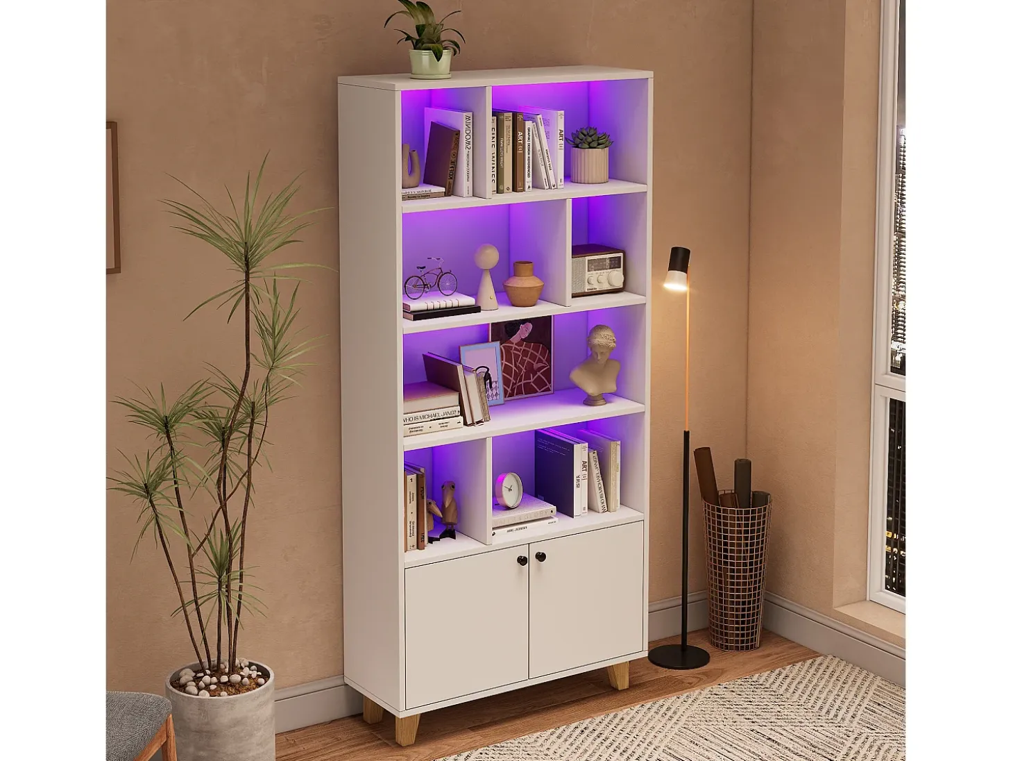 Estante 80×30×173 cm - iluminação LED com mudança de cor - 2 portas - compartimentos de armazenamento - branco