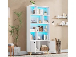 Estante 80×30×173 cm - iluminação LED com mudança de cor - 2 portas - compartimentos de armazenamento - branco