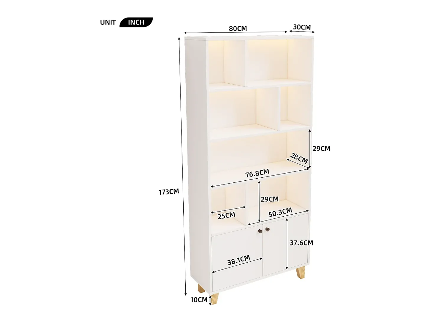 Estante 80×30×173 cm - iluminação LED com mudança de cor - 2 portas - compartimentos de armazenamento - branco
