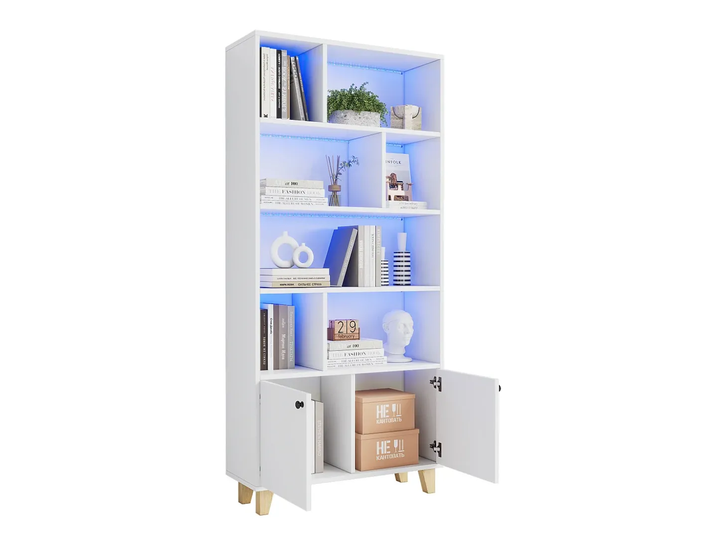 Estante 80×30×173 cm - iluminação LED com mudança de cor - 2 portas - compartimentos de armazenamento - branco