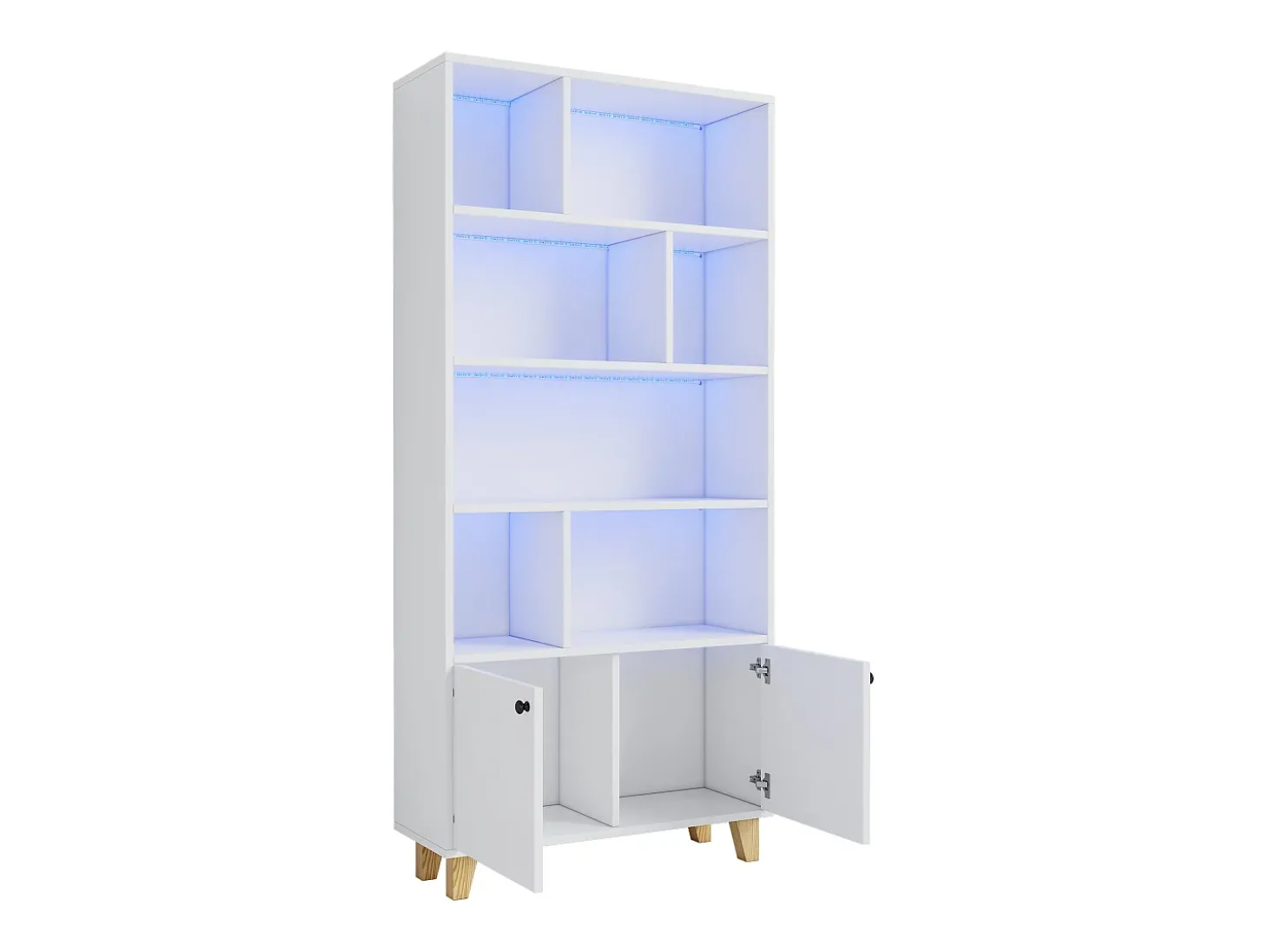Estante 80×30×173 cm - iluminação LED com mudança de cor - 2 portas - compartimentos de armazenamento - branco