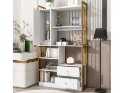 Estante de 6 prateleiras com uma porta e 2 gavetas - 100 x 30 x 173,5 - Aglomerado e metal - ouro + branco