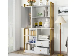Estante de 6 prateleiras com uma porta e 2 gavetas - 100 x 30 x 173,5 - Aglomerado e metal - ouro + branco