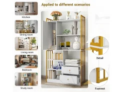 Estante de 6 prateleiras com uma porta e 2 gavetas - 100 x 30 x 173,5 - Aglomerado e metal - ouro + branco