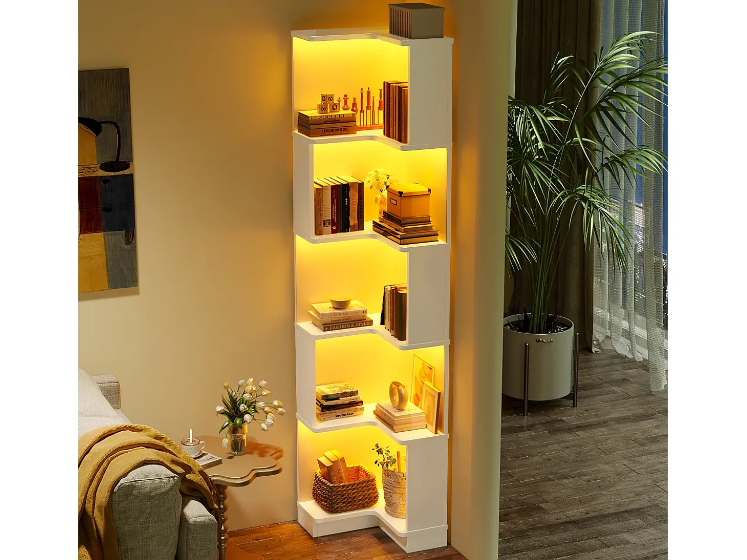 Estante de canto - 63,5 x 45 x 175 cm - com LEDs + 5 prateleiras - MDF - branco