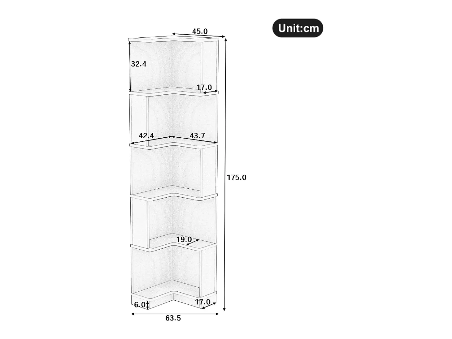 Estante de canto - 63,5 x 45 x 175 cm - com LEDs + 5 prateleiras - MDF - branco