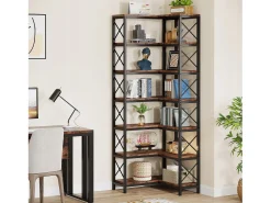 Estante de canto, prateleira de canto industrial grande, prateleira de canto independente com estrutura metálica para sala de estar, casa, escritório (castanho rústico) (7 prateleiras)
