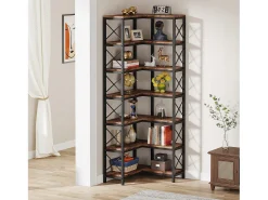 Estante de canto, prateleira de canto industrial grande, prateleira de canto independente com estrutura metálica para sala de estar, casa, escritório (castanho rústico) (7 prateleiras)