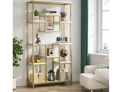 Estante de livros de ouro com 180 cm de altura, estante moderna autossustentável com 11 prateleiras de armazenamento abertas