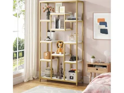 Estante de livros de ouro com 180 cm de altura, estante moderna autossustentável com 11 prateleiras de armazenamento abertas