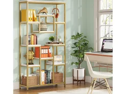 Estante de livros de ouro com 180 cm de altura, estante moderna autossustentável com 11 prateleiras de armazenamento abertas