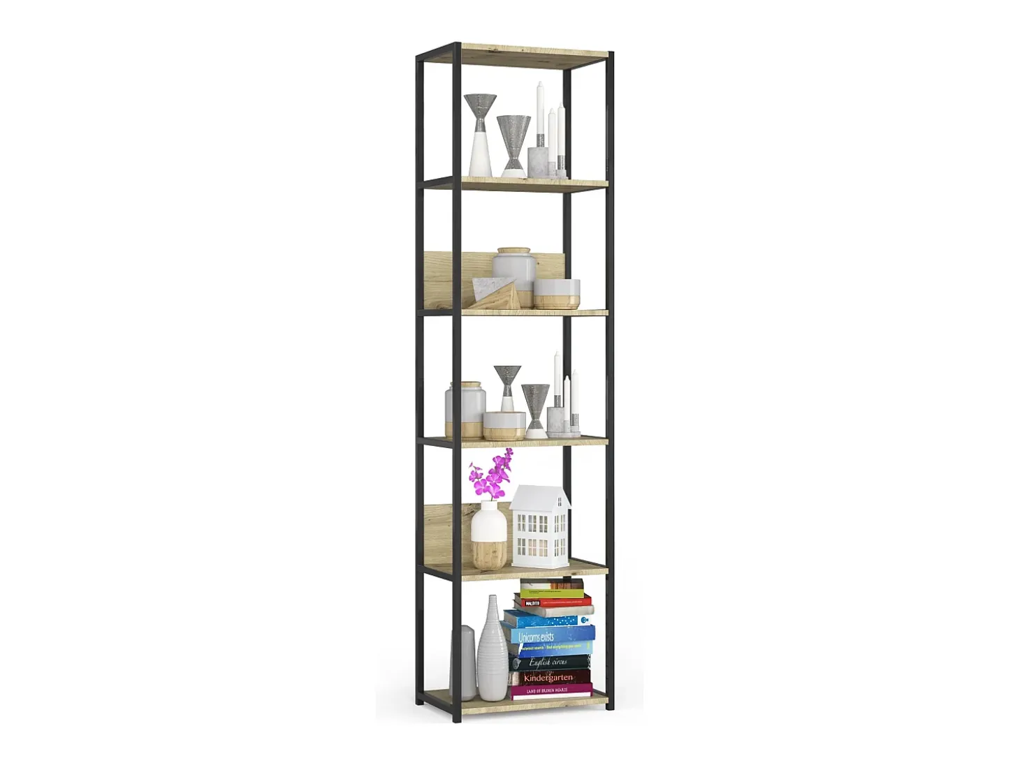 Estante estilo loft com prateleiras de madeira 50 cm Preto, Carvalho Artisan 50x32x192 cm