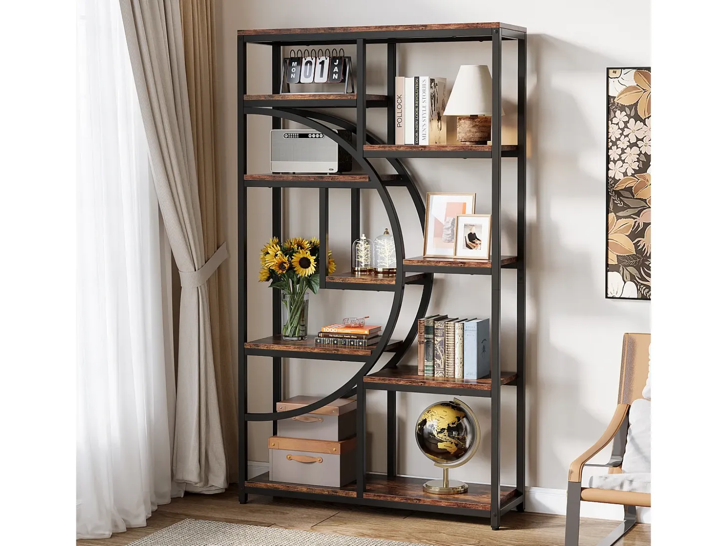 Estante industrial de 5 níveis, estante alta independente com 9 prateleiras de arrumação abertas para sala de estar, quarto, escritório em casa