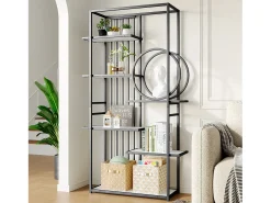 Estante moderna em metal 100×30×180 cm - estrutura geométrica - branco + preto