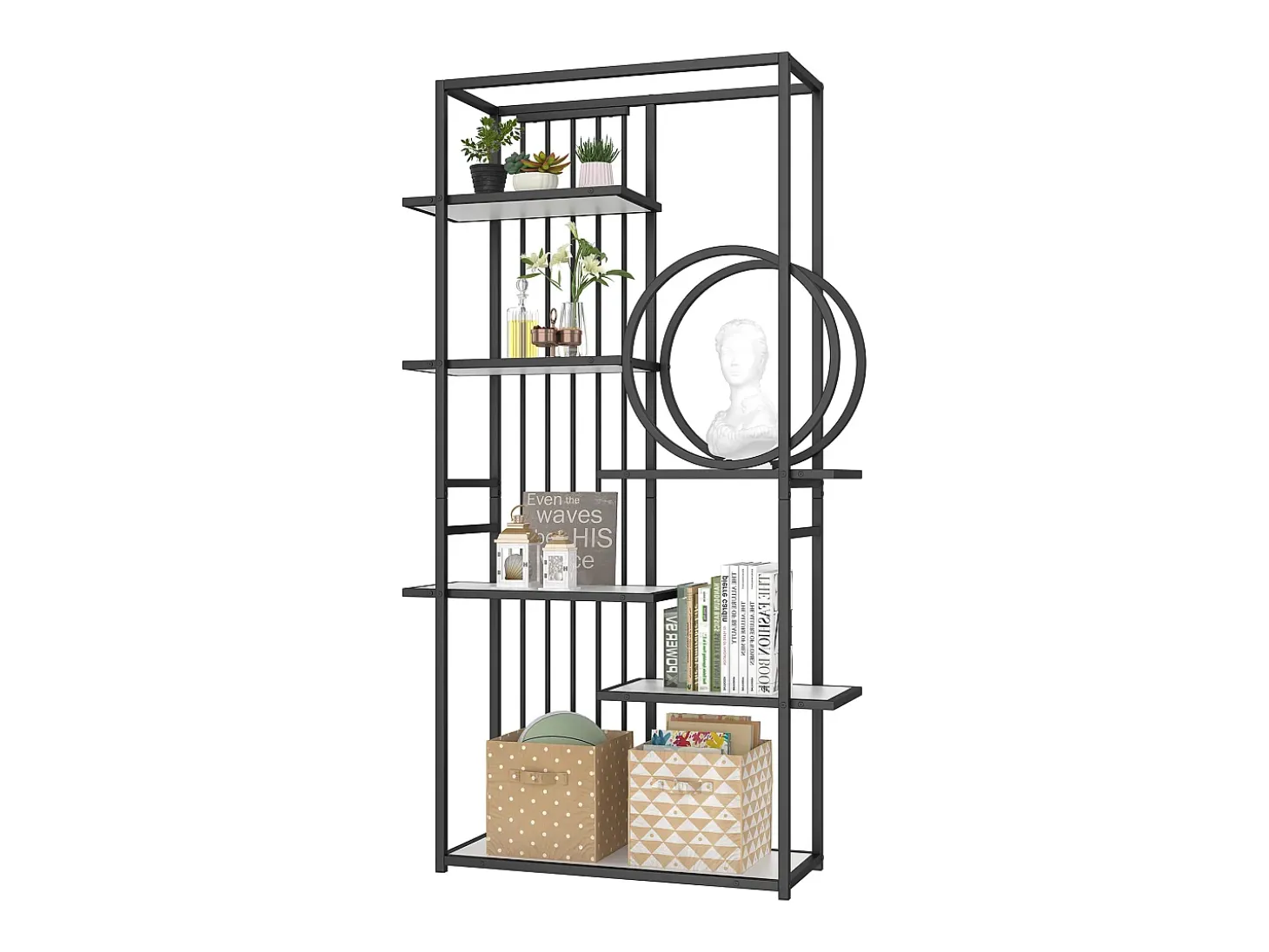 Estante moderna em metal 100×30×180 cm - estrutura geométrica - branco + preto