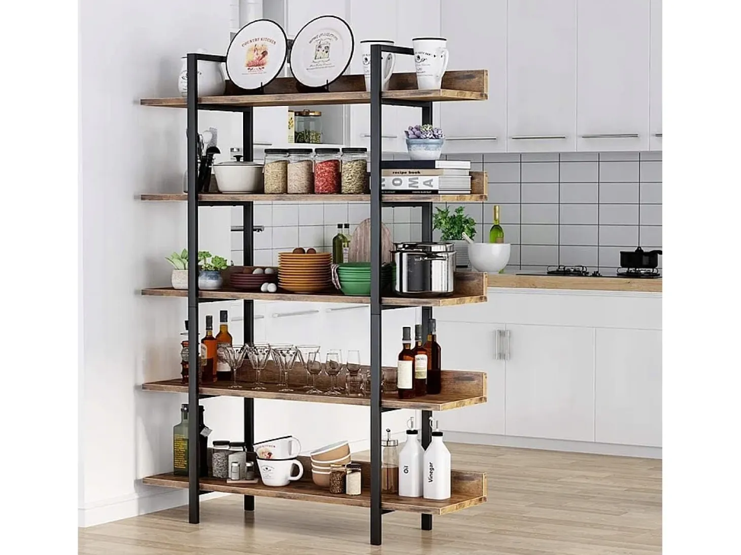 Estante Vintage de 5 Níveis - Grande Prateleira de Armazenamento com Chapa de Guia para o Sala, como Prateleira para Plantas, Prateleira de Cozinha