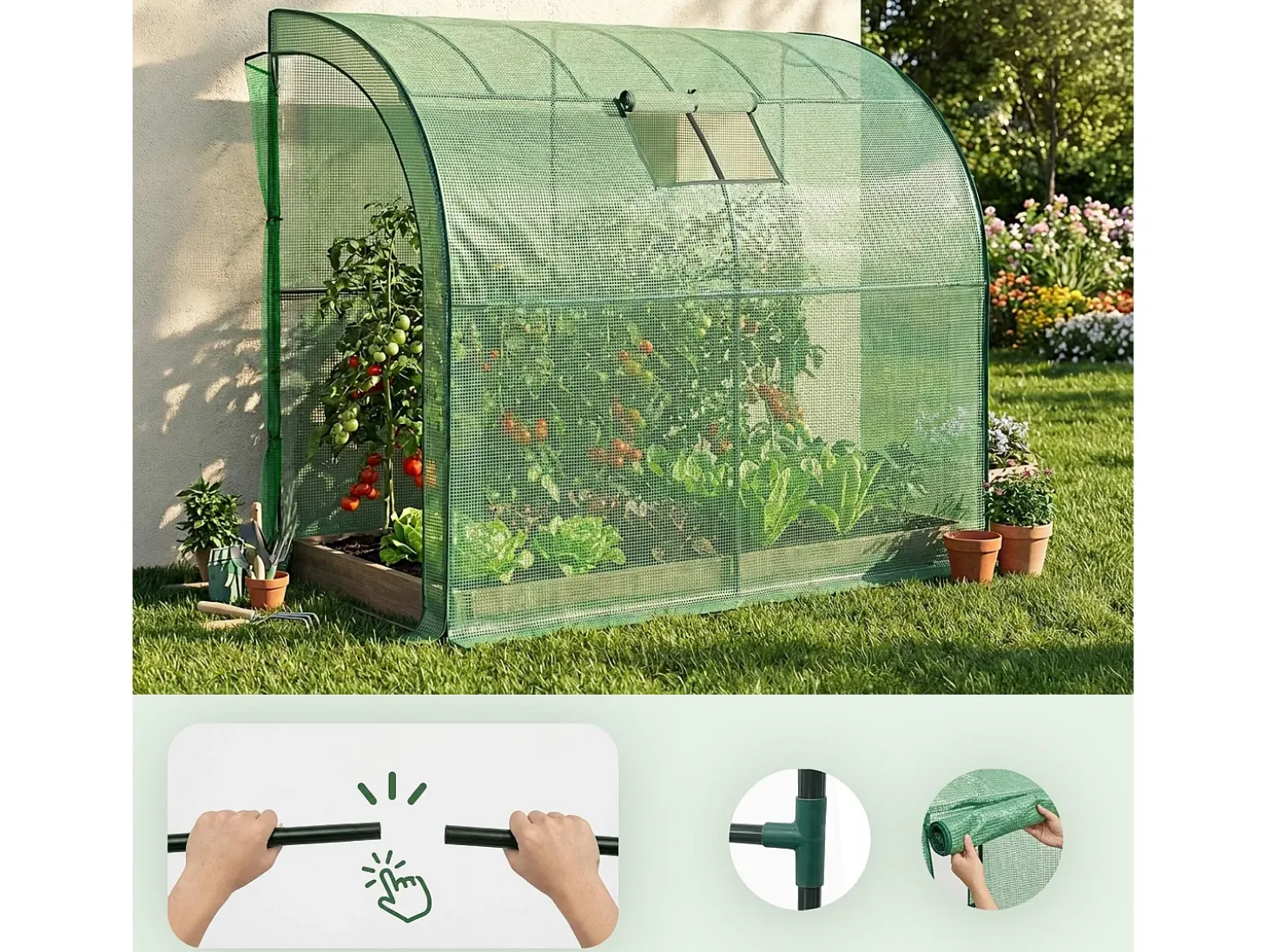 Estufa de jardim encostada com estrutura metálica e cobertura de PE, 1 porta e 1 janela Verde 100x200x210 cm