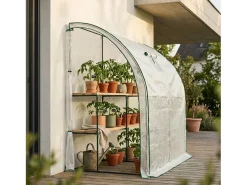 Estufa de jardim encostada com estrutura de metal e cobertura de PE, 1 porta e 1 janela Branco 100x200x210 cm