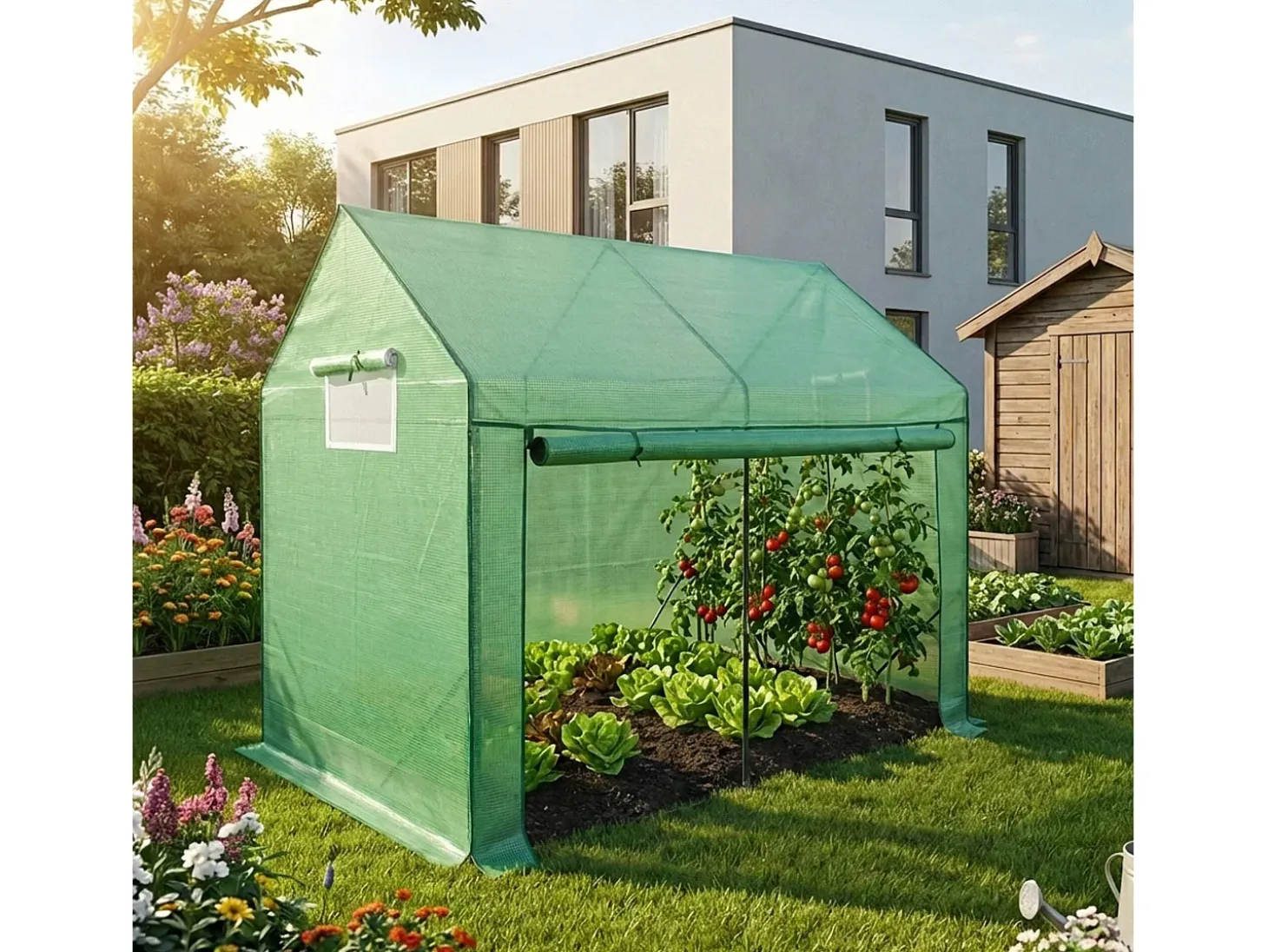 Estufa de jardim tipo casa com estrutura de metal e cobertura de PE, 1 porta e 2 janelas Verde 200x140x200 cm