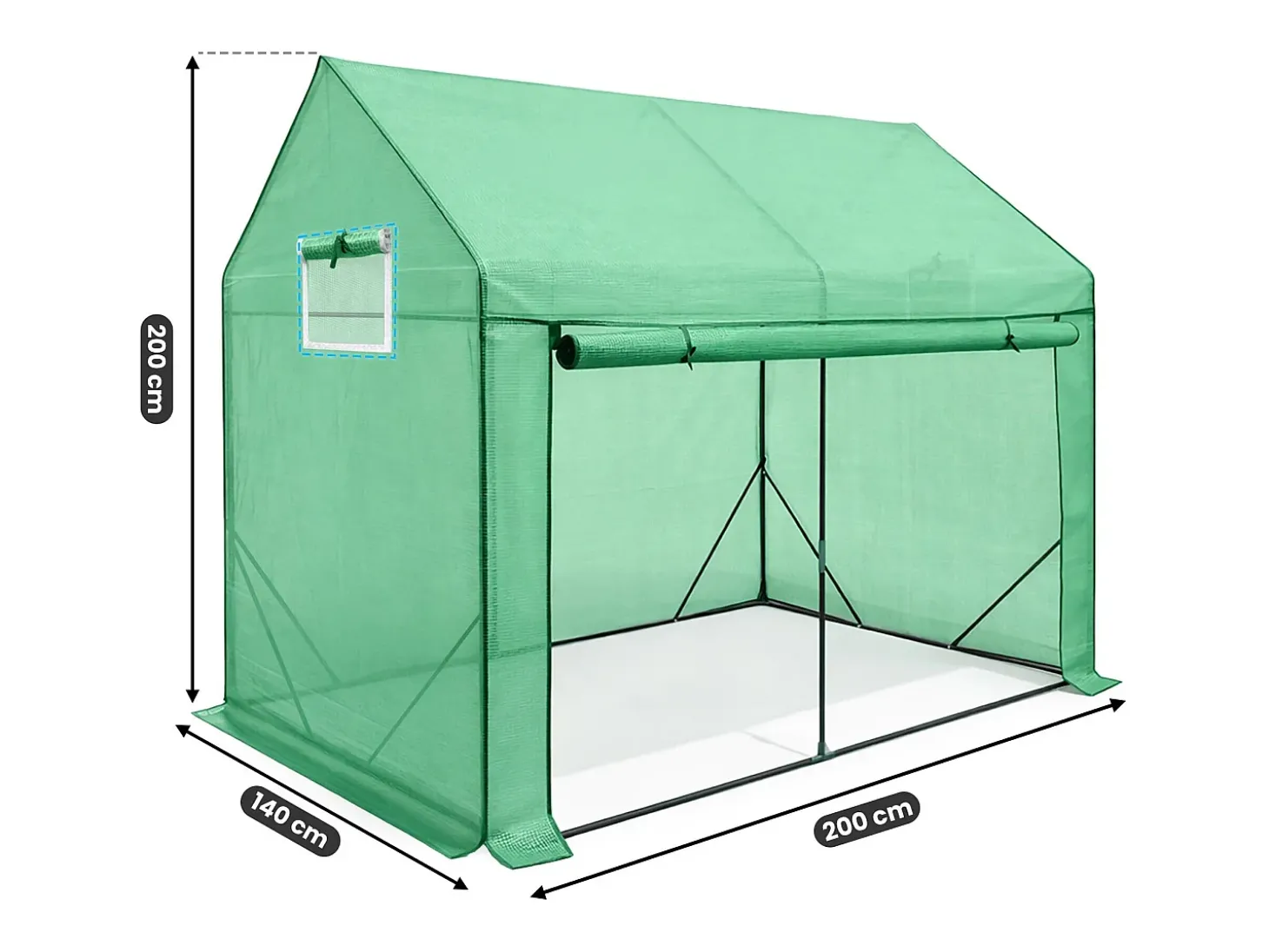 Estufa de jardim tipo casa com estrutura de metal e cobertura de PE, 1 porta e 2 janelas Verde 200x140x200 cm
