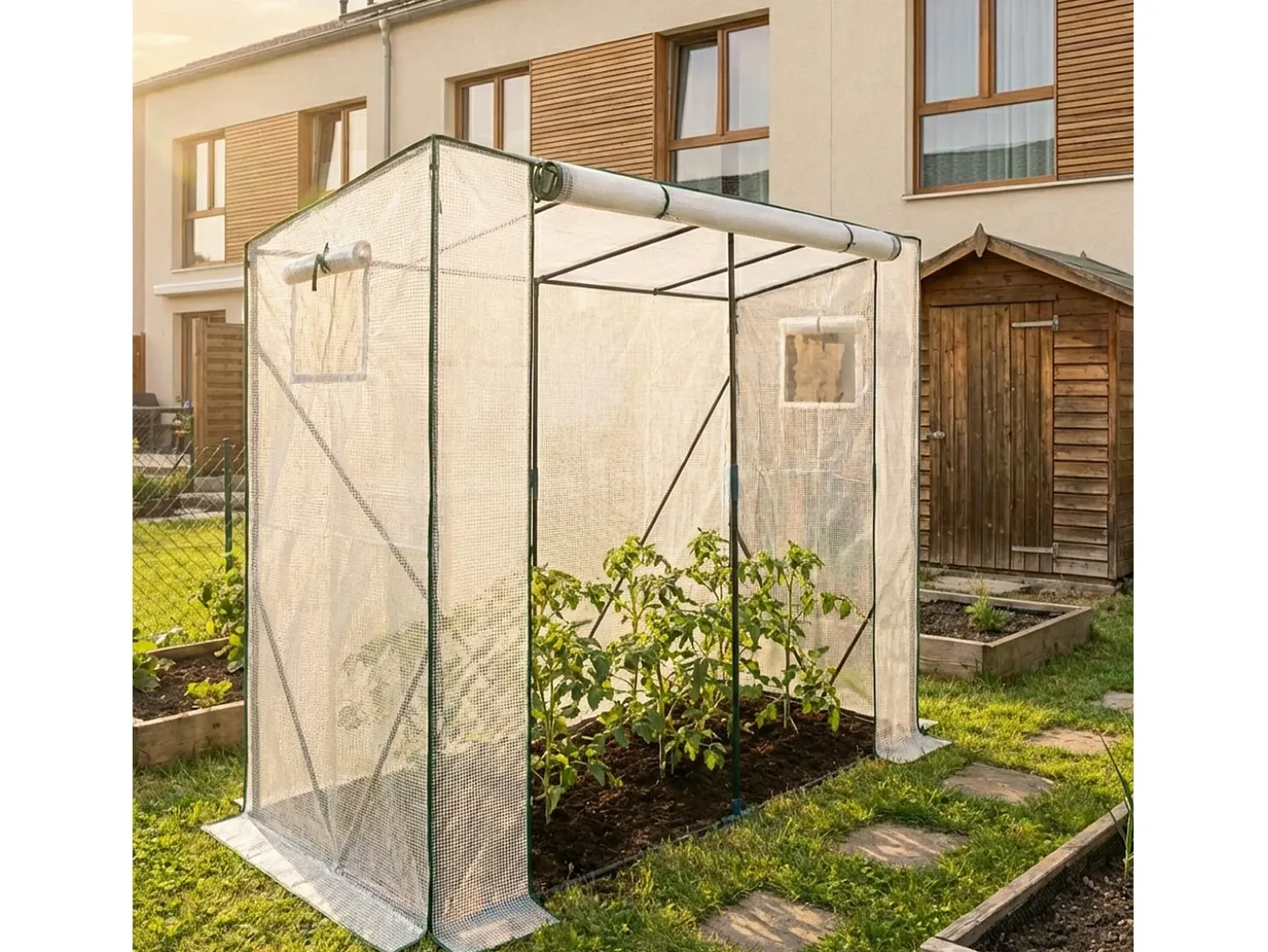 Estufa de jardim tipo casa com estrutura de metal e cobertura de PE, 1 porta e 2 janelas Branco 202x80x170 cm