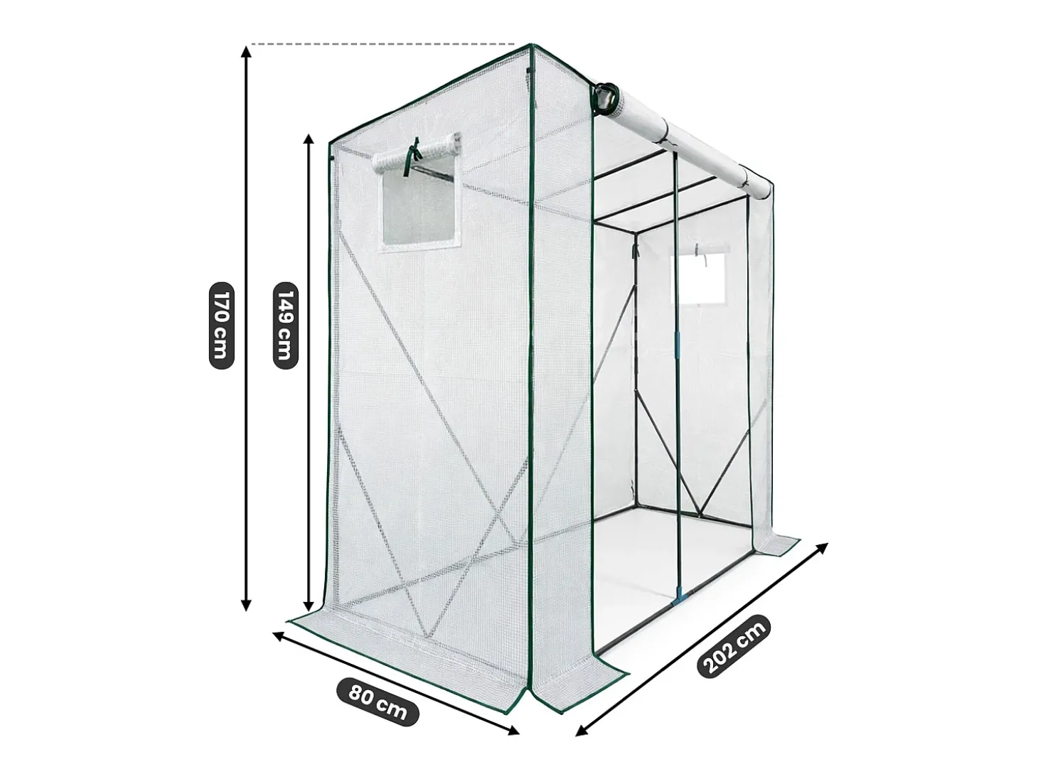 Estufa de jardim tipo casa com estrutura de metal e cobertura de PE, 1 porta e 2 janelas Branco 202x80x170 cm
