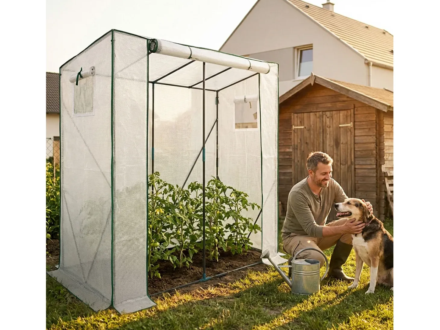 Estufa de jardim tipo casa com estrutura de metal e cobertura de PE, 1 porta e 2 janelas Branco 202x80x170 cm
