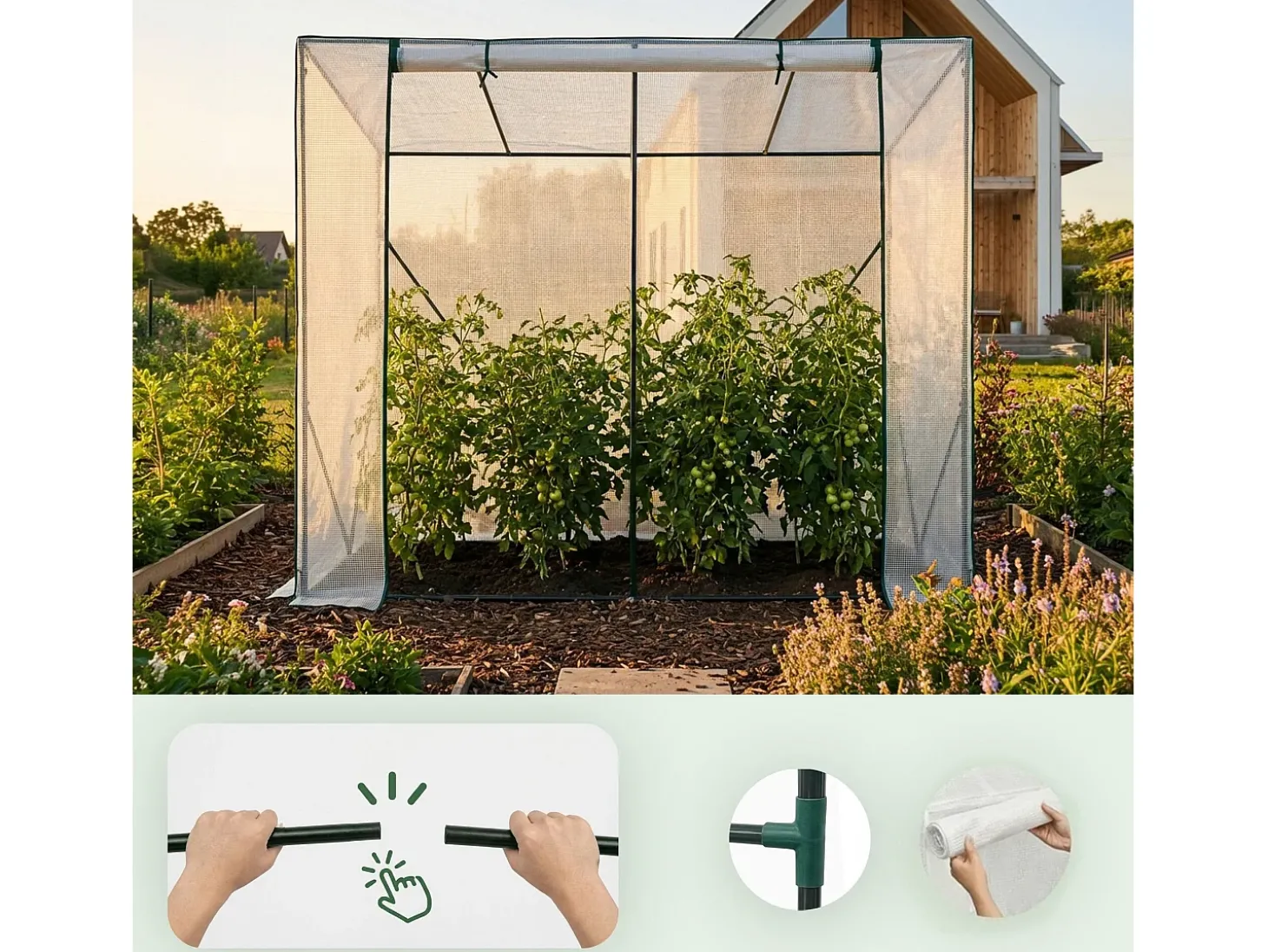 Estufa de jardim tipo casa com estrutura de metal e cobertura de PE, 1 porta e 2 janelas Branco 202x80x170 cm