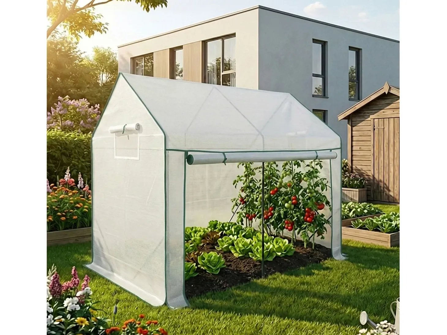 Estufa de jardim tipo casa com estrutura de metal e cobertura de PE, 1 porta e 2 janelas Branco 200x140x200 cm