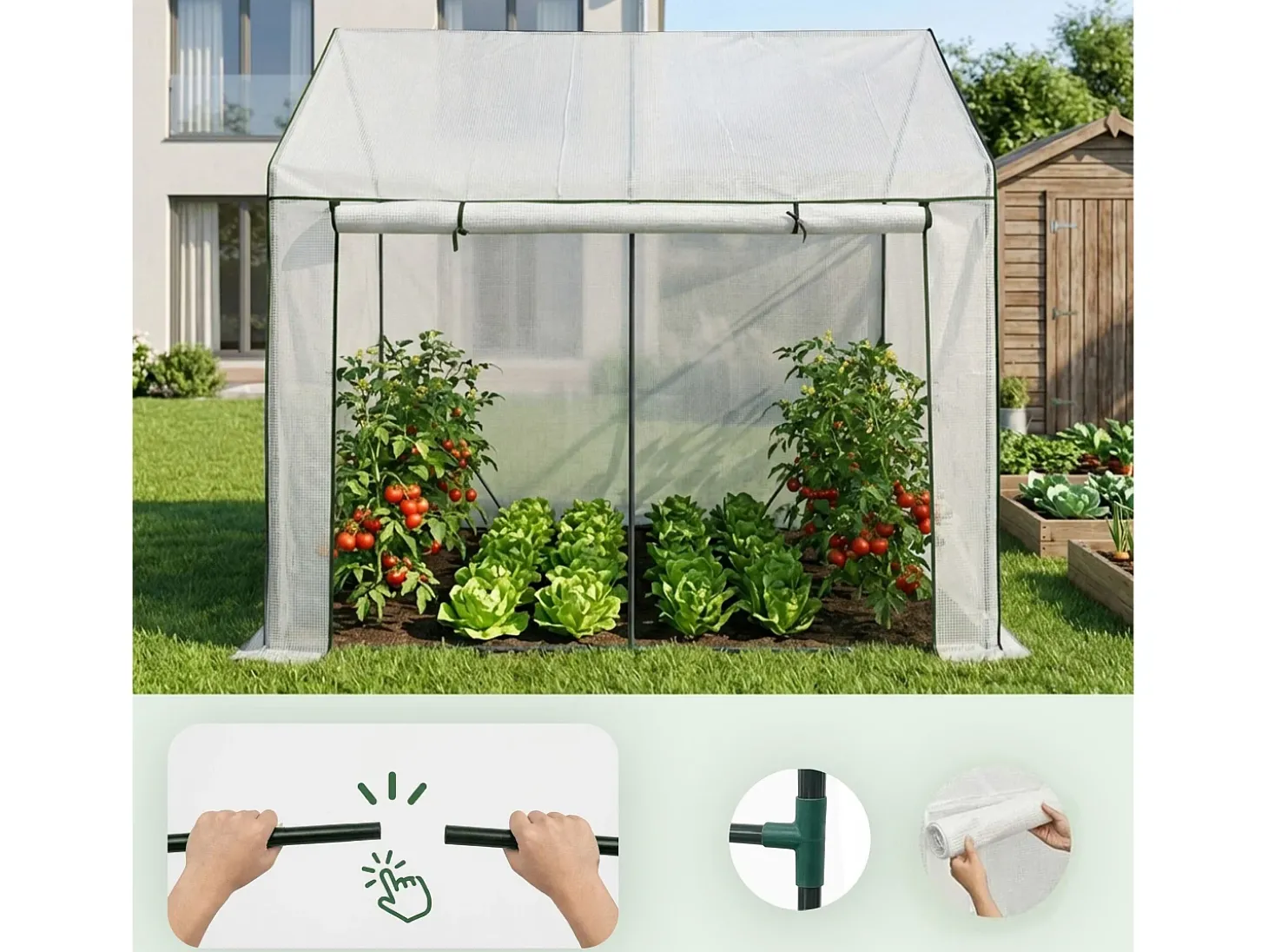 Estufa de jardim tipo casa com estrutura de metal e cobertura de PE, 1 porta e 2 janelas Branco 200x140x200 cm