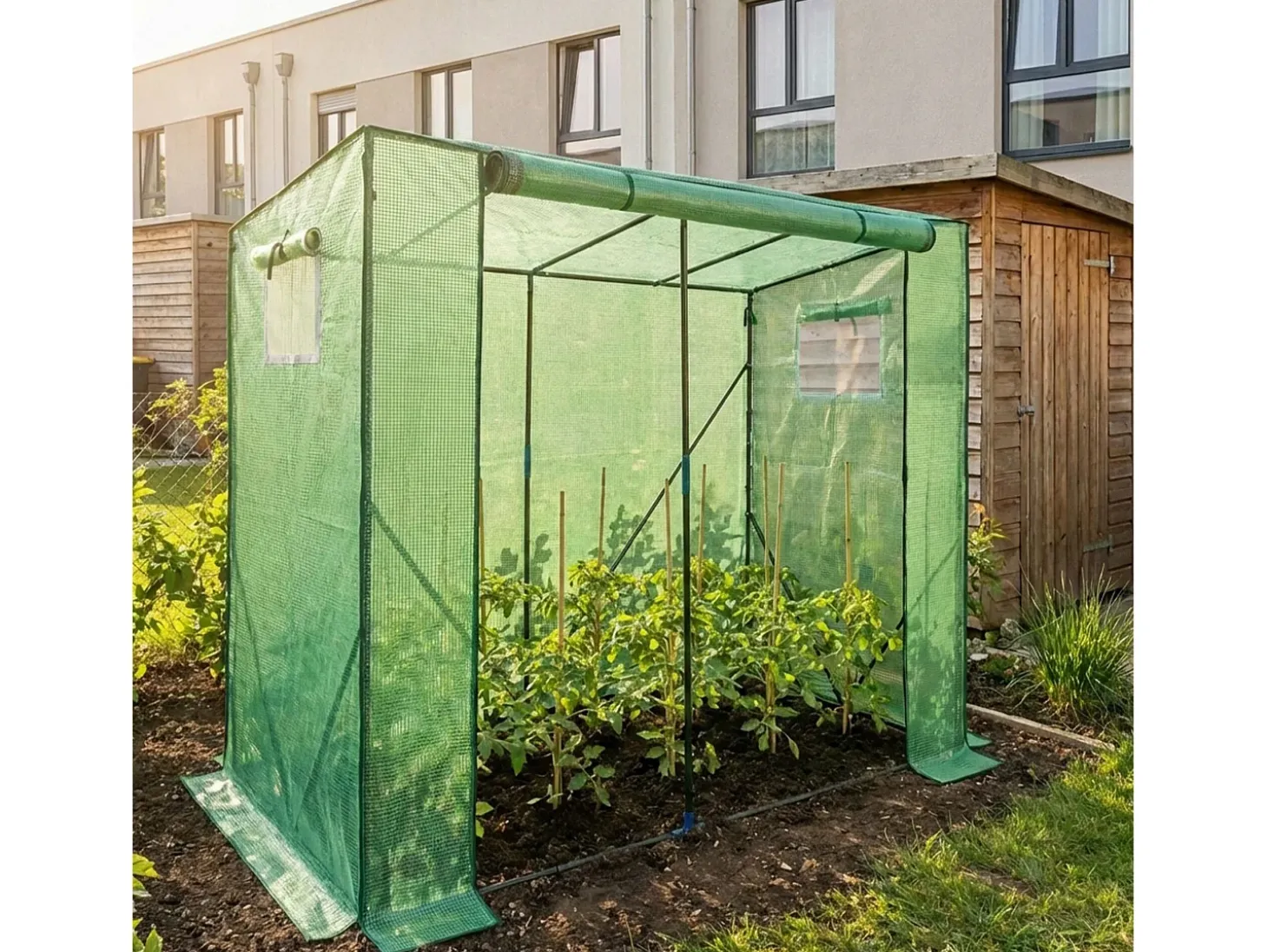 Estufa de jardim tipo casa com estrutura de metal e cobertura de PE, 1 porta e 2 janelas Verde 202x80x170 cm