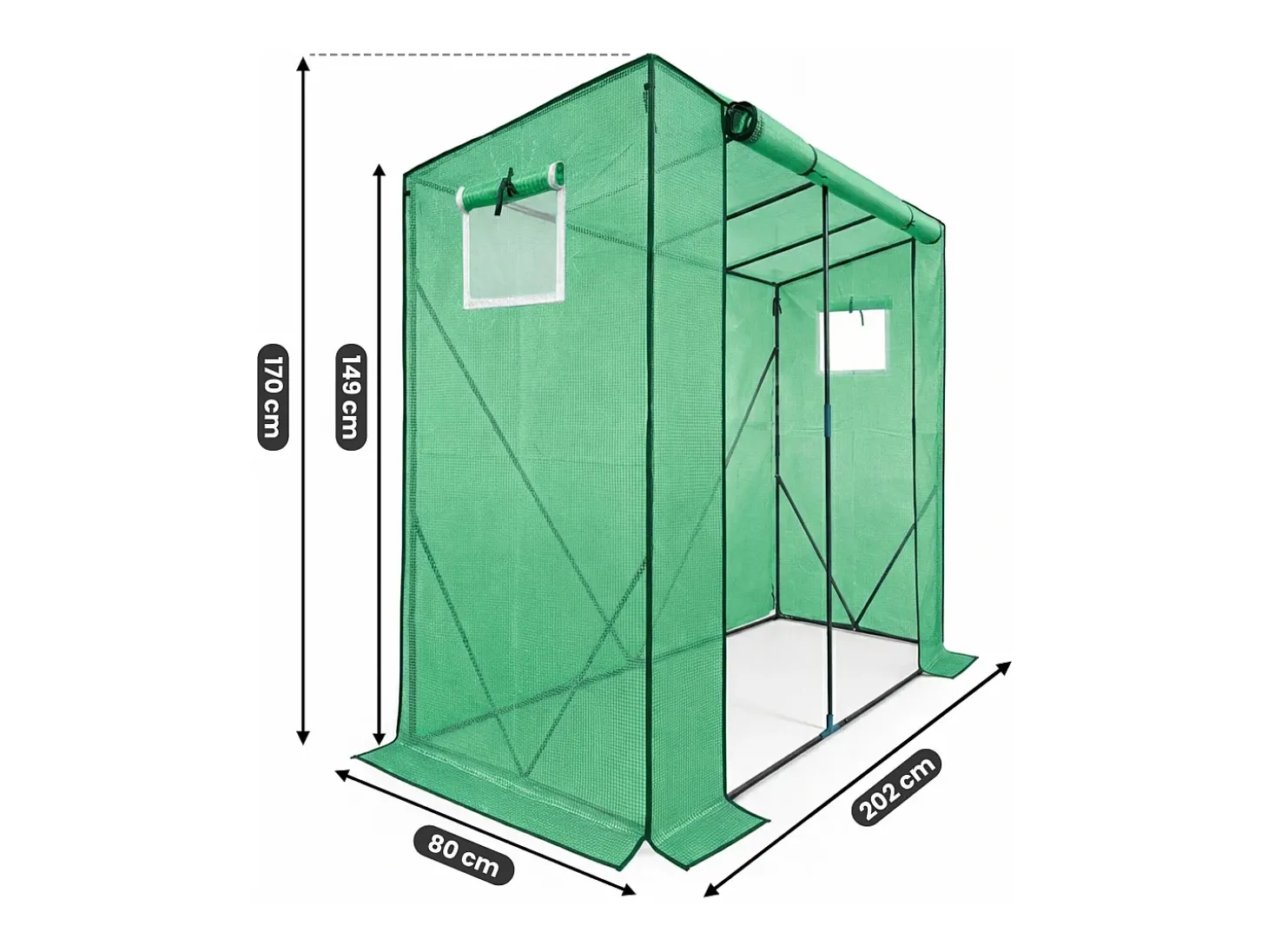 Estufa de jardim tipo casa com estrutura de metal e cobertura de PE, 1 porta e 2 janelas Verde 202x80x170 cm