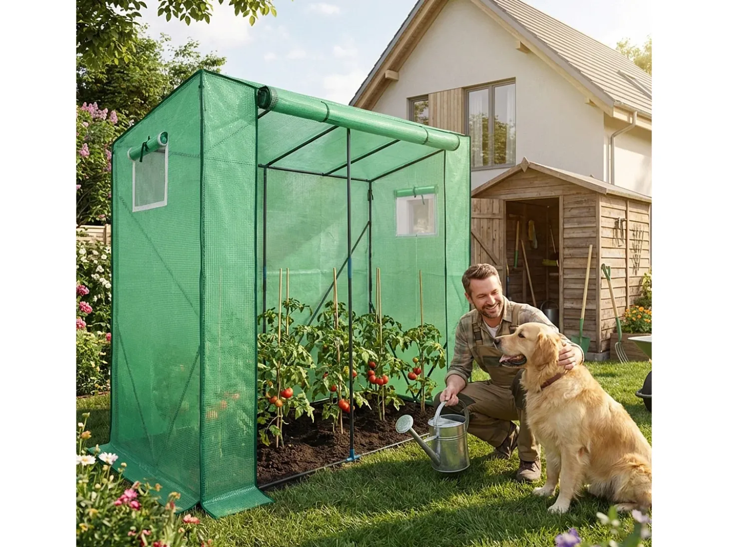 Estufa de jardim tipo casa com estrutura de metal e cobertura de PE, 1 porta e 2 janelas Verde 202x80x170 cm