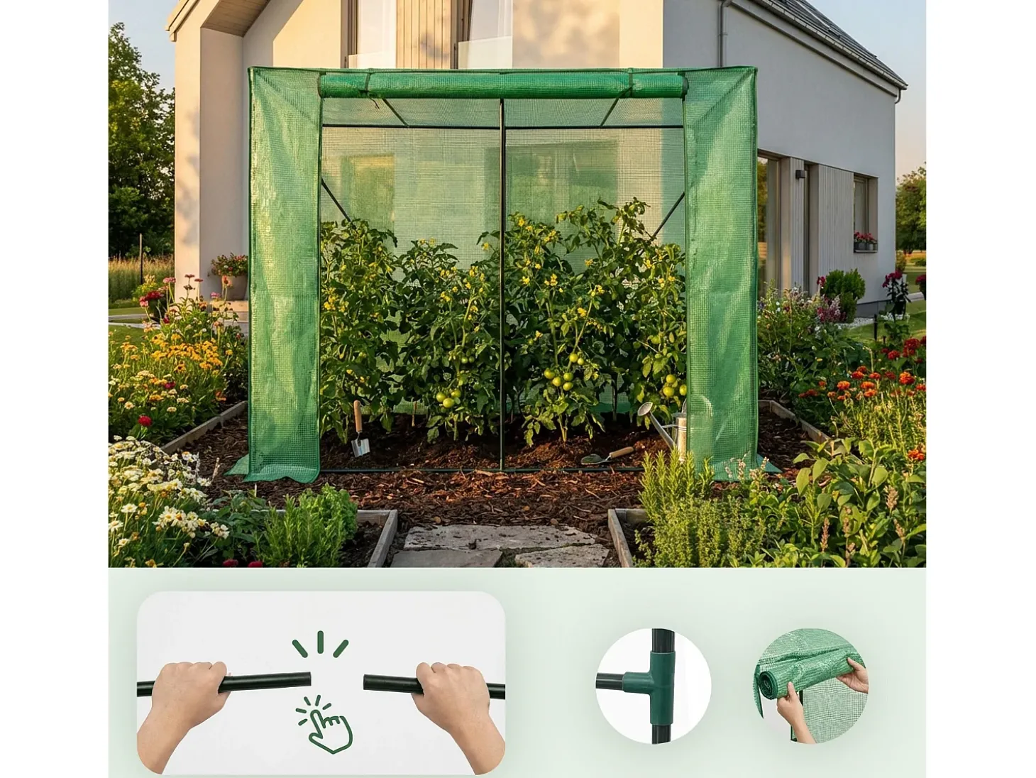 Estufa de jardim tipo casa com estrutura de metal e cobertura de PE, 1 porta e 2 janelas Verde 202x80x170 cm