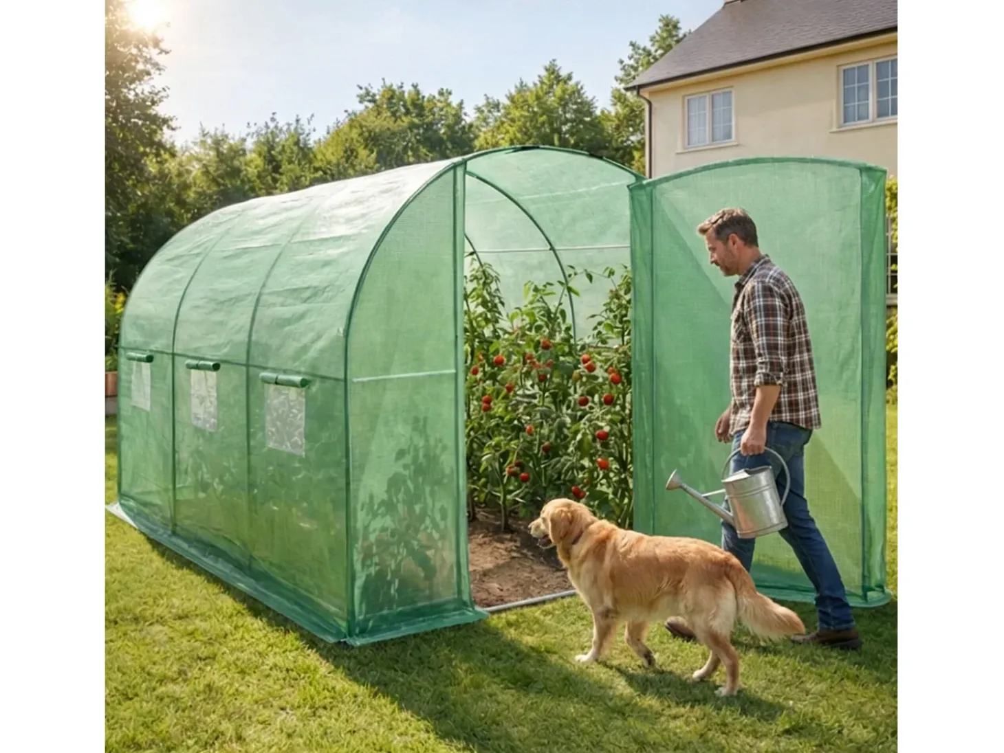 Estufa de jardim tipo túnel com estrutura metálica e cobertura de PE com porta metálica, 6 janelas Verde 200x300x200 cm