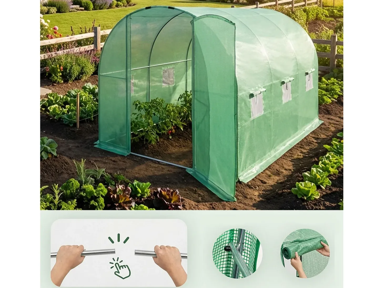 Estufa de jardim tipo túnel com estrutura metálica e cobertura de PE com porta metálica, 6 janelas Verde 200x300x200 cm