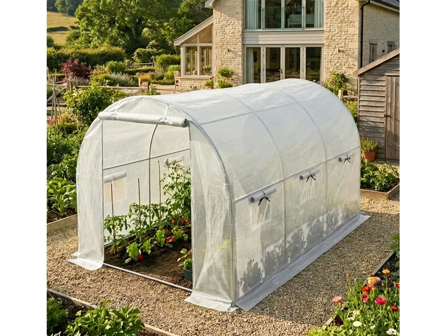 Estufa de jardim tipo túnel com estrutura metálica e cobertura de PE, 1 porta e 6 janelas Branco 200x300x200 cm