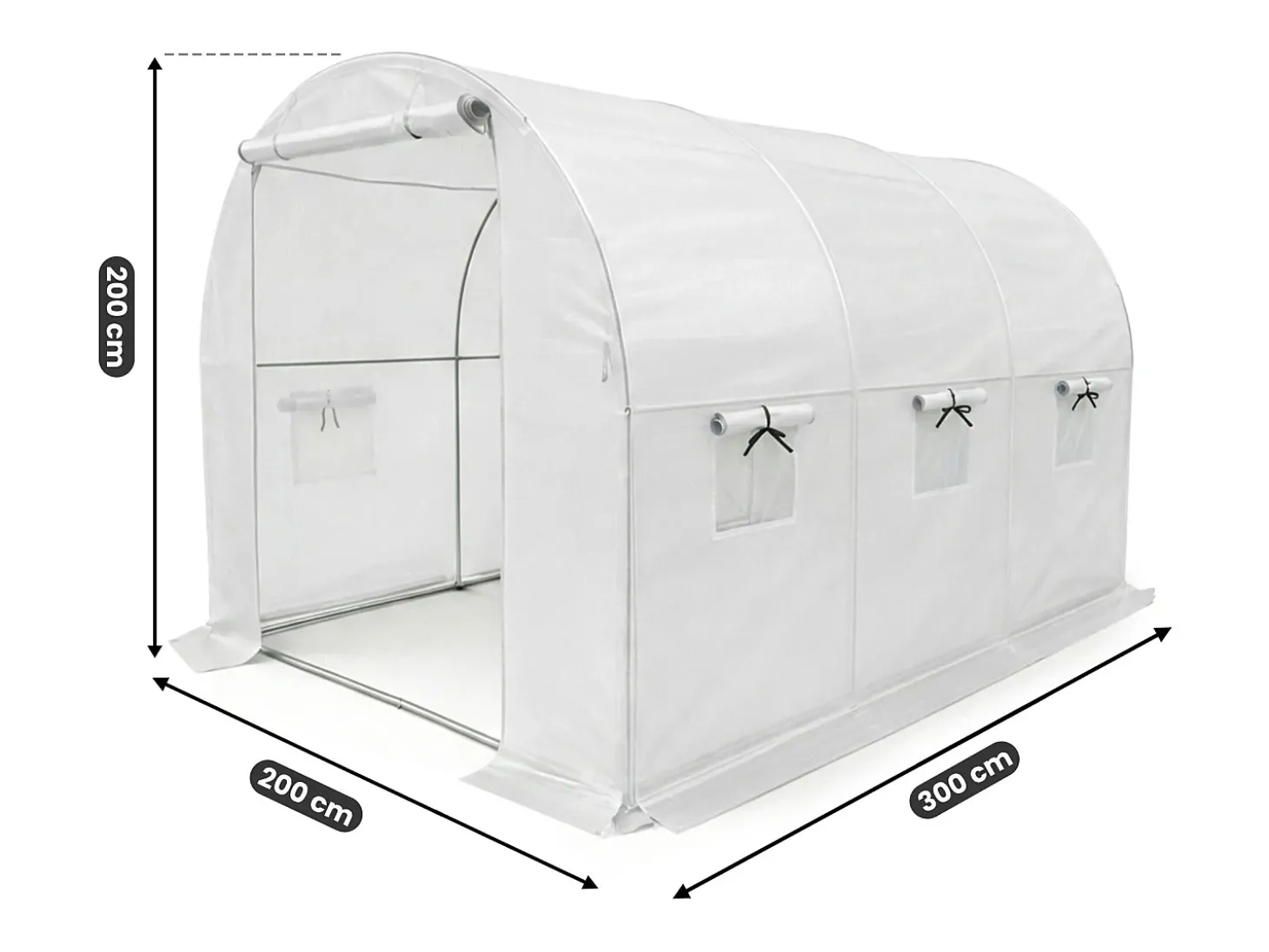 Estufa de jardim tipo túnel com estrutura metálica e cobertura de PE, 1 porta e 6 janelas Branco 200x300x200 cm