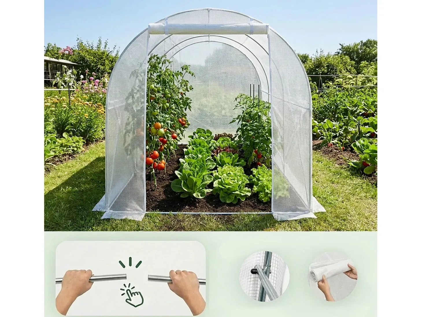 Estufa de jardim tipo túnel com estrutura metálica e cobertura de PE, 1 porta e 6 janelas Branco 200x300x200 cm