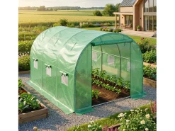 Estufa de jardim tipo túnel com estrutura metálica e cobertura de PE com paredes enroláveis, 1 porta e 6 janelas Verde 200x300x200 cm