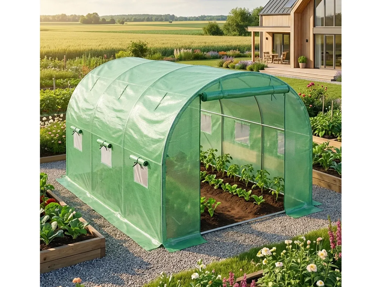 Estufa de jardim tipo túnel com estrutura metálica e cobertura de PE com paredes enroláveis, 1 porta e 6 janelas Verde 200x300x200 cm