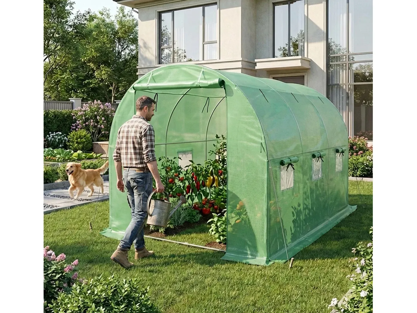 Estufa de jardim tipo túnel com estrutura metálica e cobertura de PE com paredes enroláveis, 1 porta e 6 janelas Verde 200x300x200 cm