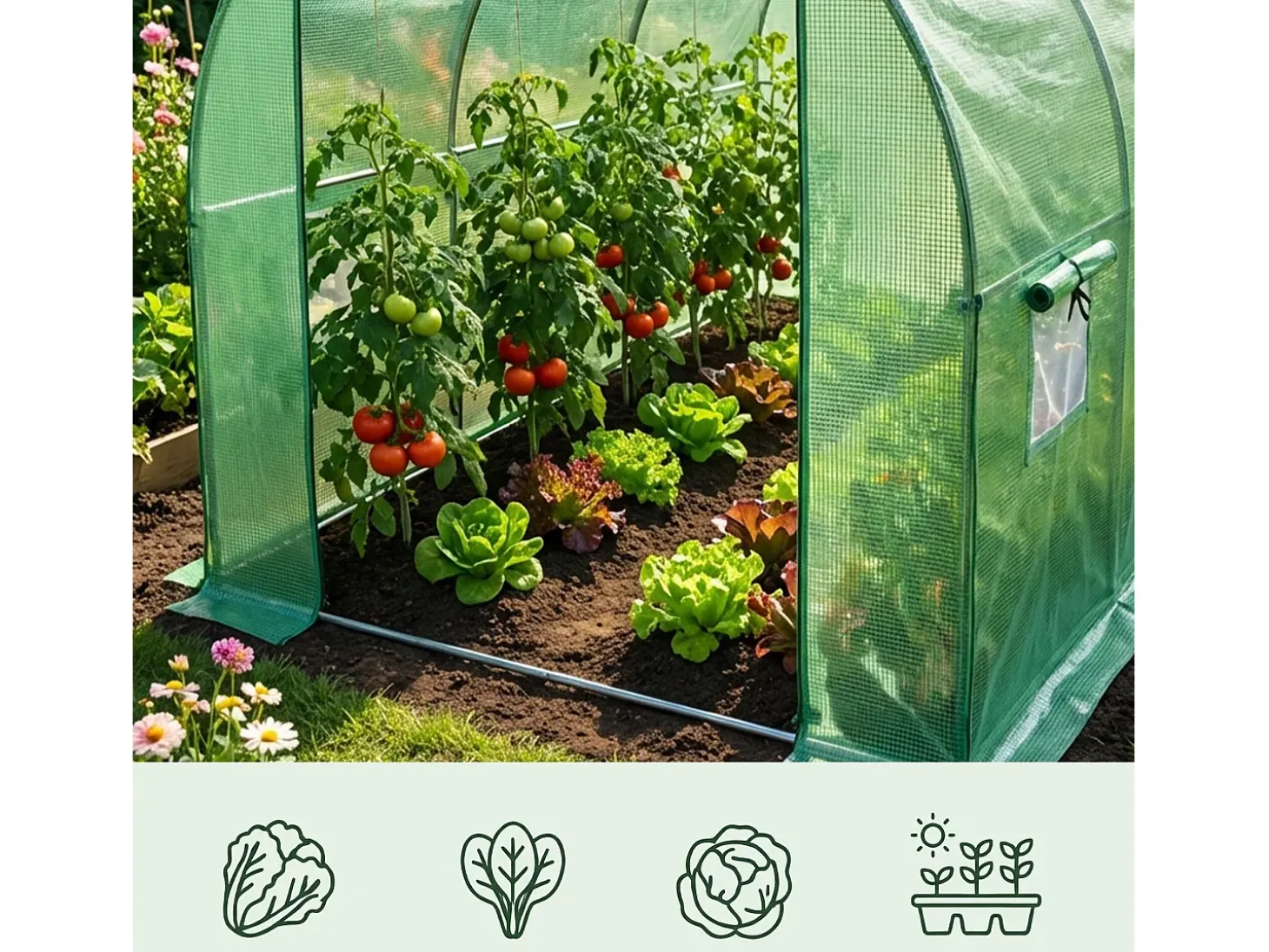 Estufa de jardim tipo túnel com estrutura metálica e cobertura de PE com paredes enroláveis, 1 porta e 6 janelas Verde 200x300x200 cm