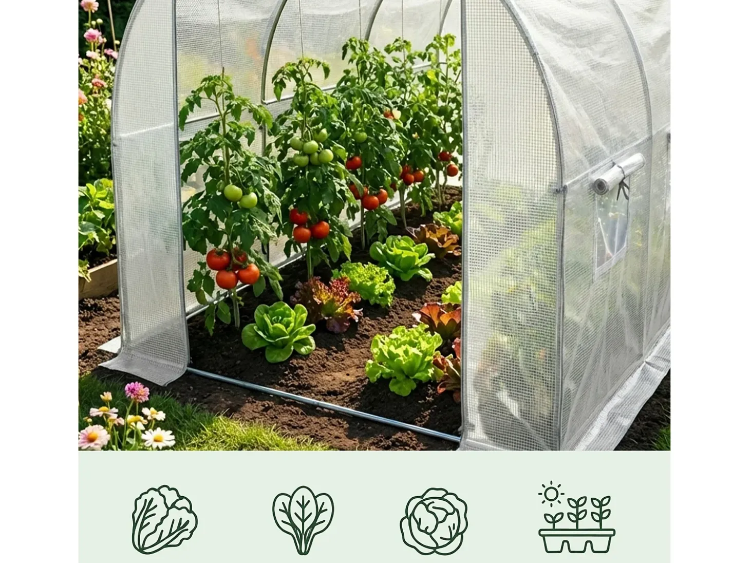 Estufa de jardim tipo túnel com estrutura metálica e lona de PE com paredes enroláveis, 1 porta, 6 janelas Branca 200x300x200 cm