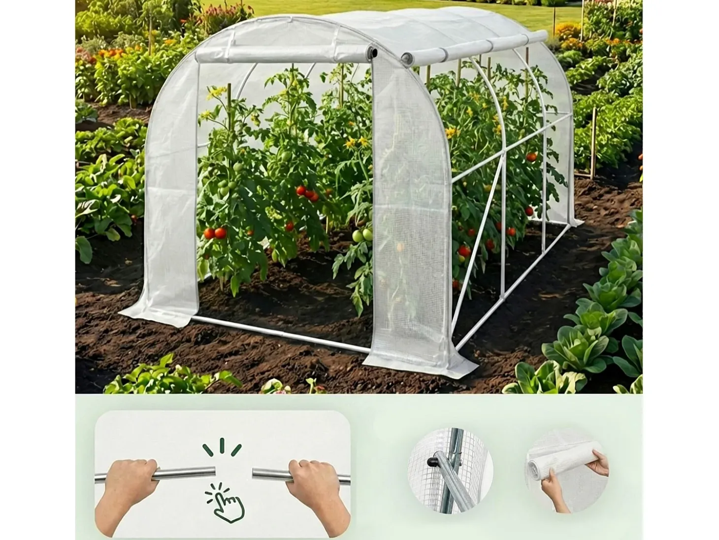 Estufa de jardim tipo túnel com estrutura metálica e lona de PE com paredes enroláveis, 1 porta, 6 janelas Branca 200x300x200 cm