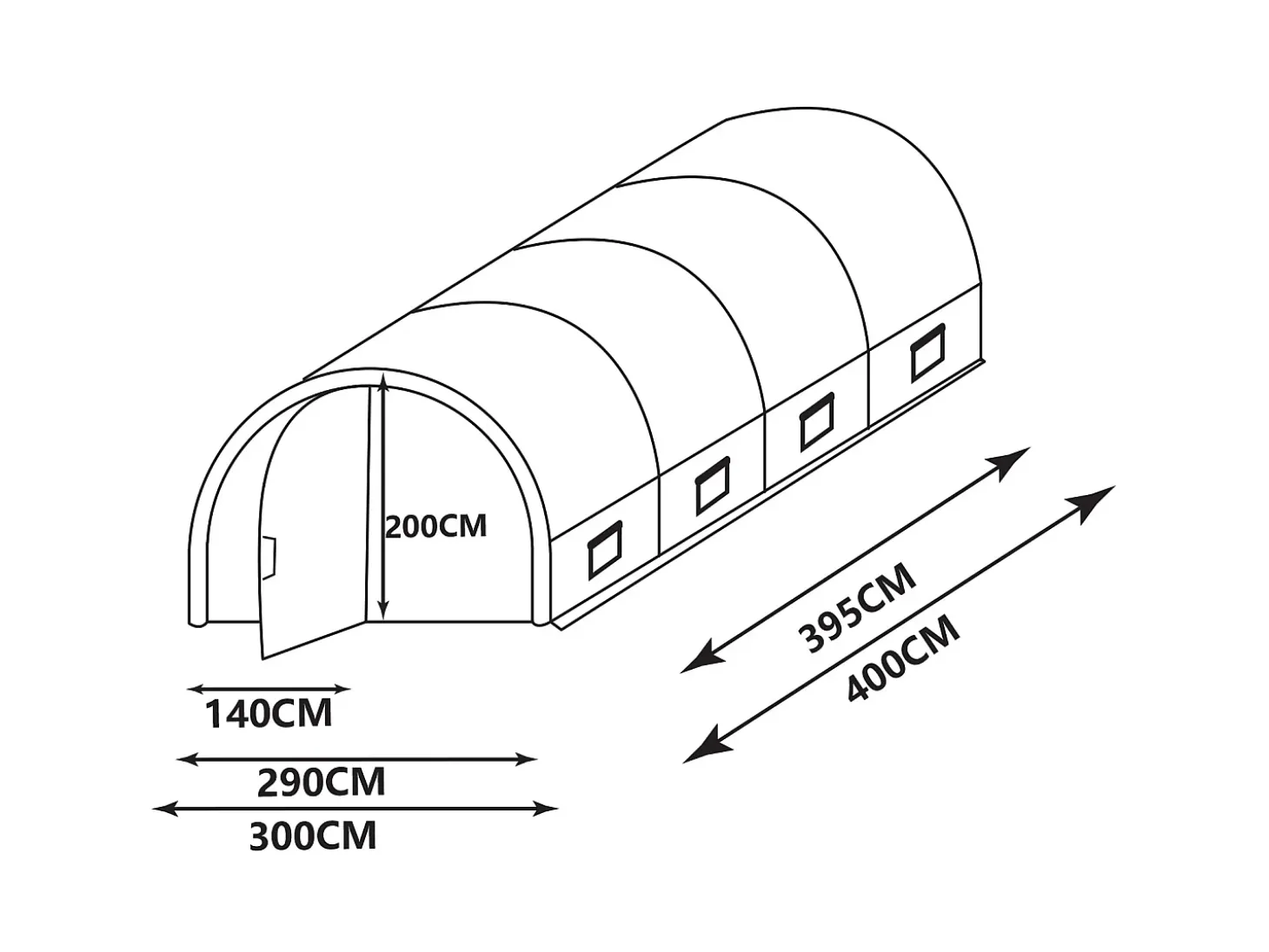 Estufa estilo túnel estrutura aço galvanizado e porta 12 m² C300xL400xA200 cm ALOCASIA