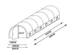 Estufa túnel com estrutura em aço galvanizado e porta 18 m² C600xL300xA200 cm ALOCASIA
