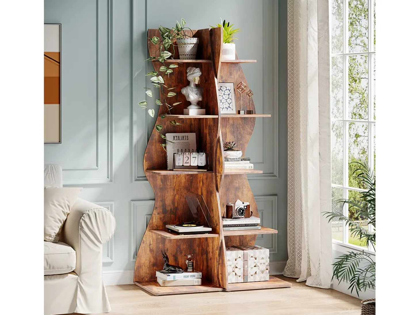 Etagère de canto moderna com 5 níveis, Pequena biblioteca de canto elegante, Suporte para plantas e unidade de organização com formato único, Castanho
