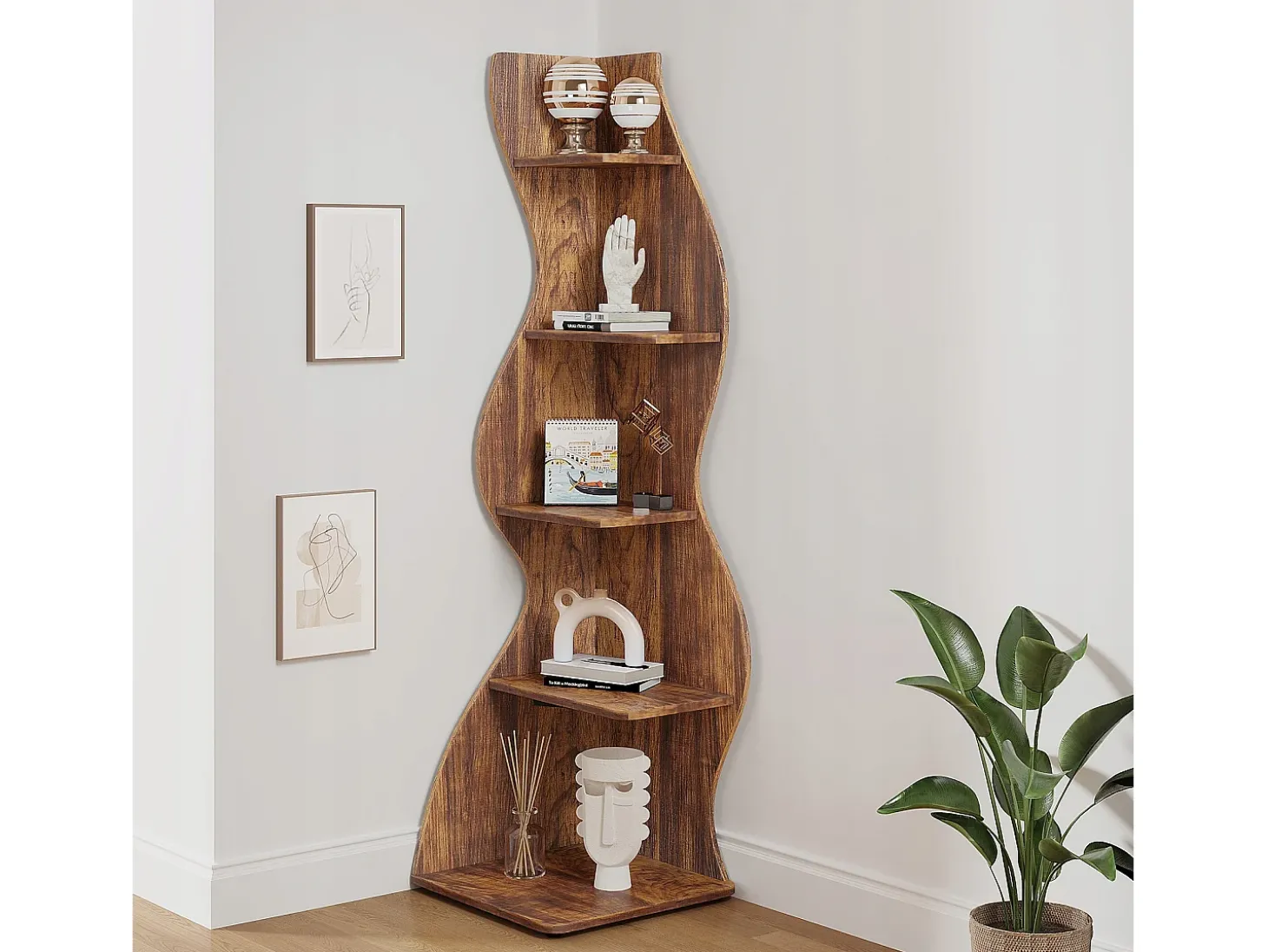 Etagère de canto moderna com 5 níveis, Pequena biblioteca de canto elegante, Suporte para plantas e unidade de organização com formato único, Castanho